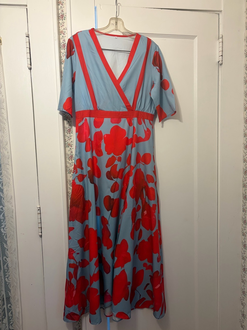Floral V-Neck Midi Dress in Light Blue and Red
